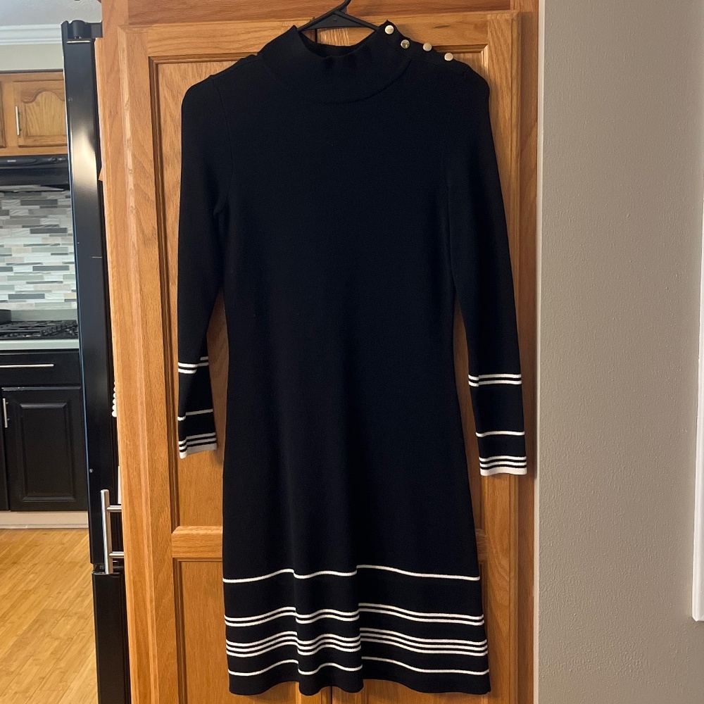Sweater dress with gold shoulder buttons